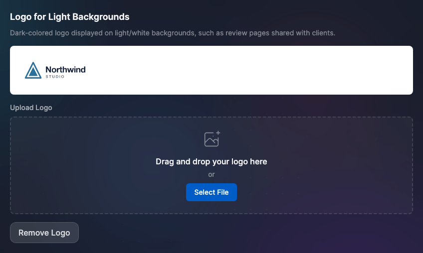 The Logos tab of Settings with a sample agency logo uploaded as the logo for light backgrounds, shown on a white preview with options to replace or remove it.