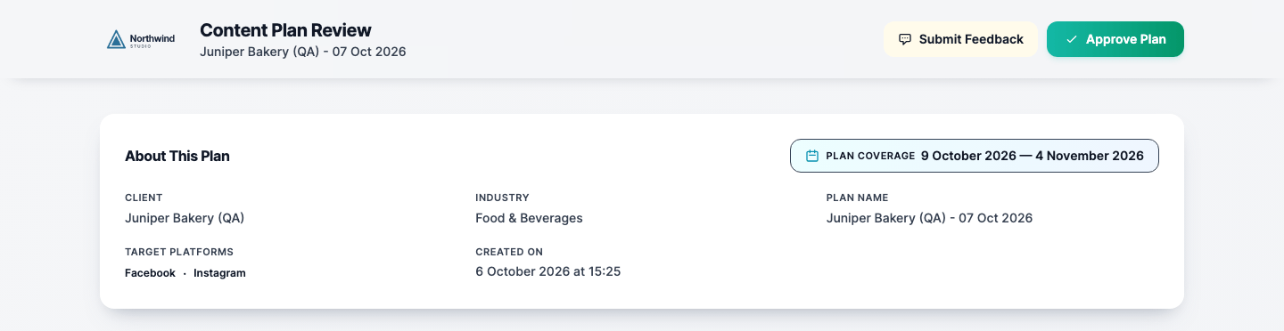 The top of a client review page in its light theme, with a sample agency logo in the header, the plan name, and the plan's client, industry, networks and dates below.