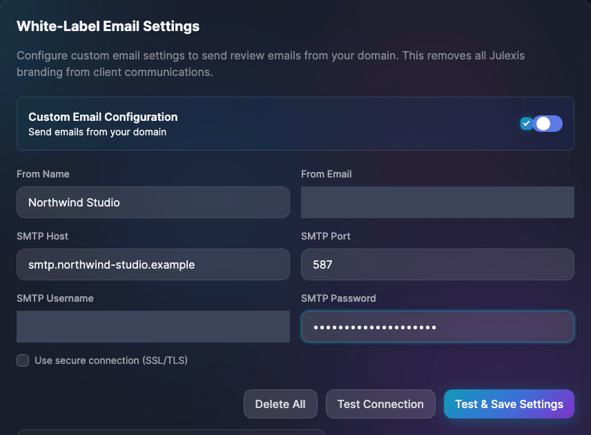 The white-label email settings with sending from your own domain turned on: sender name, sender address, SMTP host, port 587, username and password filled with example values, and the test-and-save button.