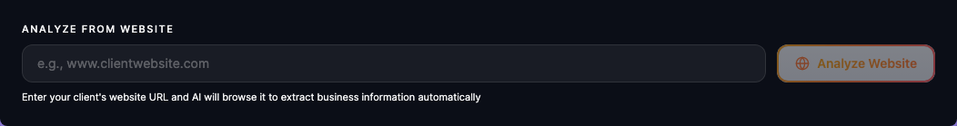 The website analysis card on a client's Personalization tab: a field for the client's website address and the analyze button next to it.