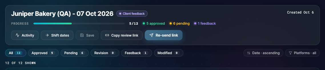 The top of a plan page: the plan name with its client-feedback status, a progress bar at five of twelve with counters for approved, pending and feedback posts, the plan actions, and the filters by status below.