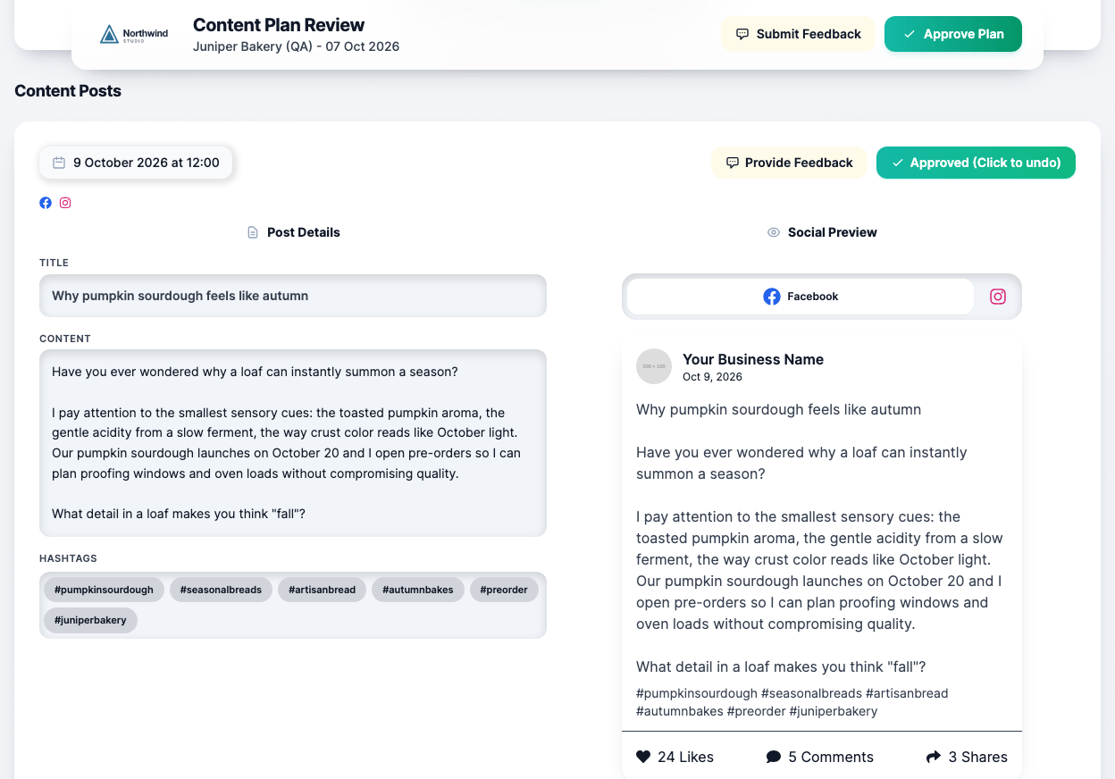 A post on the client review page in its light theme, marked approved with an undo option, showing its date, networks, title, content and hashtags next to a Facebook preview, under a header with the agency logo and the plan-level feedback and approve buttons.