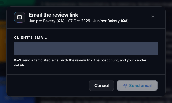 The email review link dialog with the client's email address filled in from their profile (masked), and buttons to cancel or send the email.