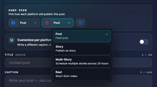 The post type box of Create post for a client with Facebook, Instagram and LinkedIn connected: a chip per network, a post type menu for Facebook and Instagram, and the Instagram menu open with its post types.