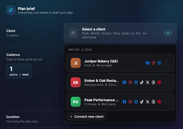 The Planner's plan brief with the client picker open, listing sample clients with the networks each one uses.
