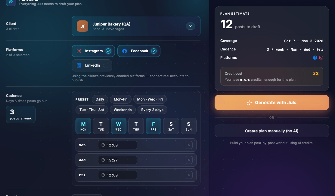 The cadence picker with Monday, Wednesday and Friday selected, each with a posting time, beside the plan estimate: 12 posts, the dates covered, the cadence, the networks and the credit cost.