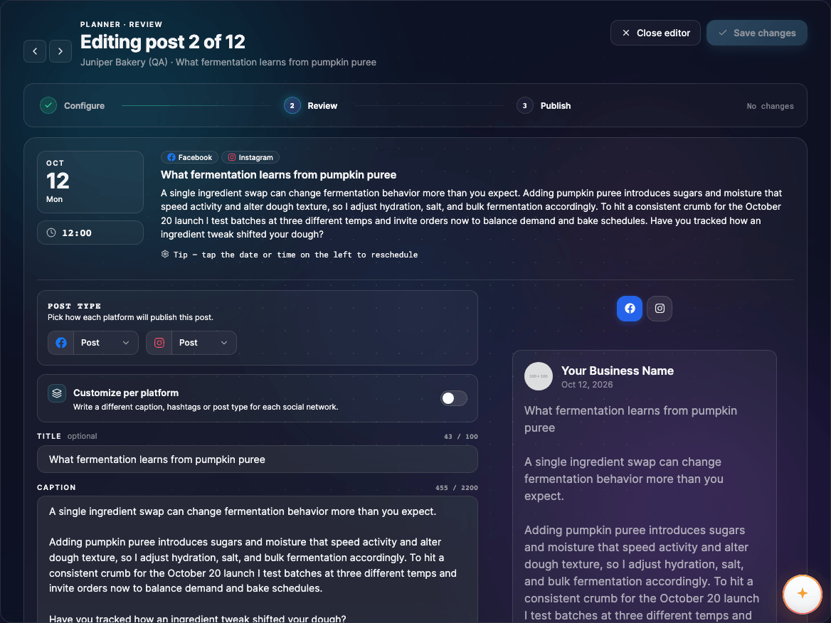 A draft post from an AI-generated plan open in the editor: date and time, networks and post type, title, caption and hashtags, with a network preview and the Ask Juls card beside them.