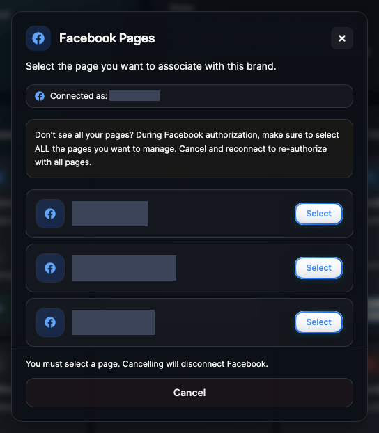 The Facebook Page picker listing the Pages the signed-in profile manages, each with a select button. Page names, ids and the profile name are masked.