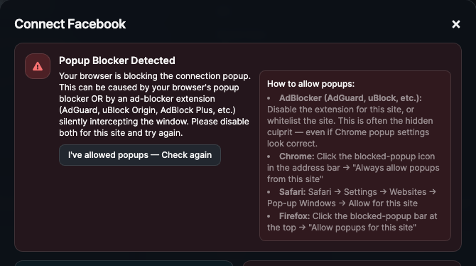 The connection checklist showing that pop-ups are blocked, with separate instructions for Chrome, Safari and Firefox and a button to check again.